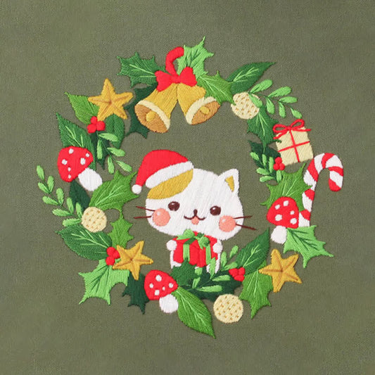 Rubbyoo Embroidery Kit - Christmas Cat Wreath