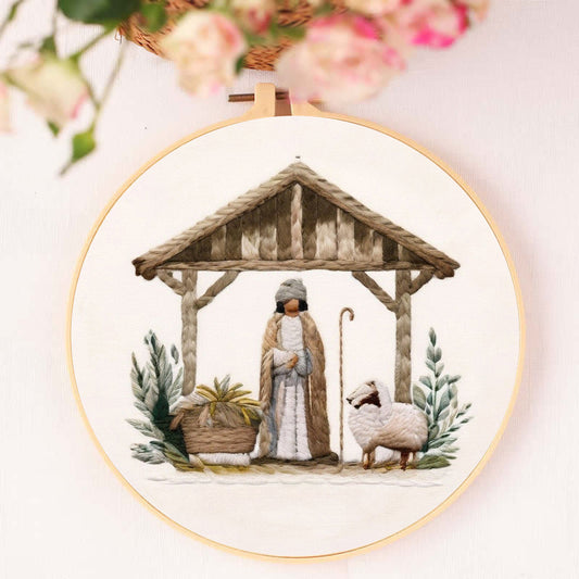 Rubbyoo Embroidery Kit - Mary And Joseph Admiring Baby Jesus In The Manger