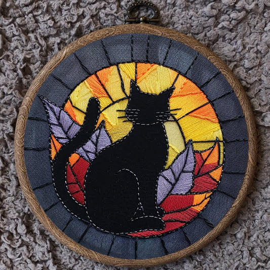Rubbyoo Embroidery Kit - Halloween Black Cat Stained Glass